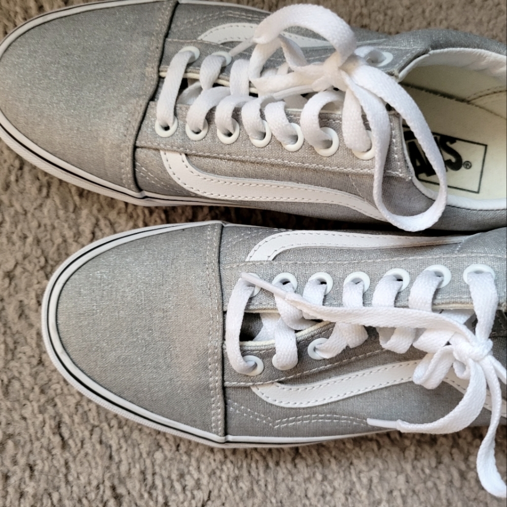 Vans Old Skool shoes in silver/true white, women's size 8